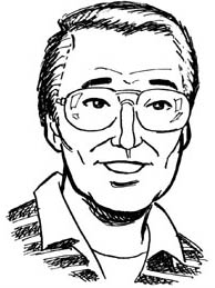 中年のアジア人男性の白黒ペン画。