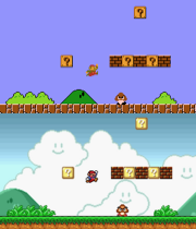 上: スーパーマリオブラザーズの NES バージョン。ワールド 1-1 のエリアを描写しています。下: スーパーマリオブラザーズのスーパーマリオ コレクション バージョン。レベルの次のエリアを描写しています。後者はより詳細で、SNES の 16 ビット ハードウェアを活用しています。