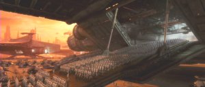 巨大な宇宙船から出てくる兵士たちの列