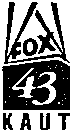 1980年代後半から1990年代前半のフォックスネットワークのロゴ。角張った角のプラットフォームに「Fox」の文字が描かれ、両端に様式化されたサーチライトがあり、その上にセリフの43とKAUTの文字がある。
