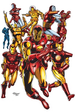 アイアンマンの複数のバージョンがグループを形成している。4人は赤と金のアーマーを着用し、2人は赤と銀のアーマーを着用し、2人は全身金のアーマーを着用し、1人は青いアーマーを着用している。
