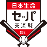 交差した2本の野球バットの前に日本語の文字が書かれた五角形のロゴ