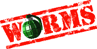 赤いミリタリースタイルのステンシルフォントで書かれた「WORMS」という単語の「O」の文字が緑の手榴弾に置き換えられています。