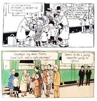 2 つの漫画本のコマ。若い男性が駅で見送られるという同じ基本的なシーンが描かれていますが、1 つの画像は白黒で、もう 1 つはカラーです。