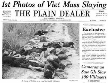 1969年11月20日のクリーブランド・プレイン・ディーラー紙の一面。ミライ虐殺事件が初めて世界に報じられた。