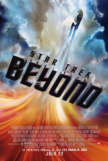 宇宙を飛ぶUSSエンタープライズ。中央に映画のタイトル、下に広告ブロックが表示されます。