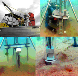 2 番目の SPI-Scan プロトタイプがフィールド試験中です。ここでは、6 m の R/V Nauplius (左上) から展開中、海底では上向きの位置でロックされています (右上と左下 – ここではレーザーは見えません)、そして砂に掘り始めています (右下)。