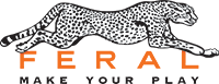 「Feral」という文字と「Make your play」というスローガンを飛び越えるチーター。