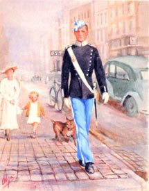 オルガの絵画には、ツートンカラーの青い制服を着た若い衛兵が石畳の道を闊歩している様子が描かれている。衛兵の後ろには、つばの広い帽子をかぶった身なりの良い女性が小さな子供とペットの犬を連れて歩いており、通りには1930年代の自動車と自転車が停まっている。