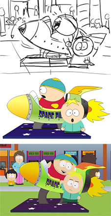 アニメーション制作過程の各段階を示すモンタージュ:上段は、ロケット型の子供向け乗り物に乗った男の子のシンプルな白黒スケッチ。乗り物の横には別の子供が立ち、乗り物の手を渋々握っている。中段は、上段のスケッチを反映した既成のアニメーションキャラクター(背景キャラクターは除く)。下段は、同じ場面を描いた完成版アニメーションのスクリーンショット。背景にはキャラクターやアーケードゲームが描かれている。