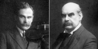 2人の白人男性の肖像画。1人は黒髪で、もう1人は禿げ頭、2人とも口ひげを生やしている。