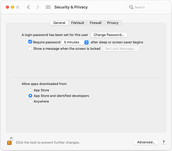 OS X Yosemite のシステム環境設定アプリケーションのスクリーンショット。3 つの Gatekeeper オプションがラジオ ボタンとして表示されています。