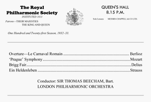 コンサートプログラムには、ベルリオーズの序曲「ローマの謝肉祭」、モーツァルトの「プラハ交響曲」、ディーリアスの「ブリッグの市」、リヒャルト・シュトラウスの「英雄の生涯」が収録されている。