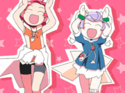 マイとミイが簡単なダンスをしているアニメーション画像。頭の横に手を置き、パタパタと動かしながら腰を左右に振っています。