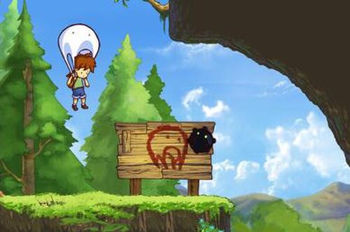 ボーイがブロブをパラシュートとして使用しているゲーム内スクリーンショット。2人は森林地帯の岩棚の上に浮かんでおり、その下にはプレイヤーがパラシュート変形を使用する必要があることを示す大きな標識があります。