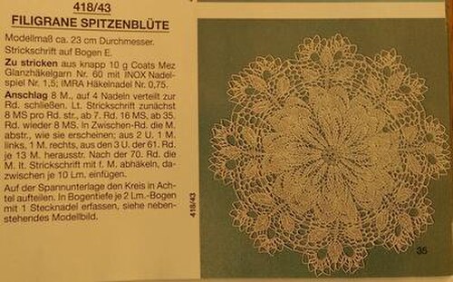 Burda E418に掲載された「Filigrane Spitzenblüte」の説明と画像