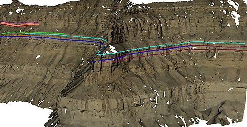 米国ユタ州グリーンリバー近郊の地質学的解釈を備えたデジタル露頭モデルの例。