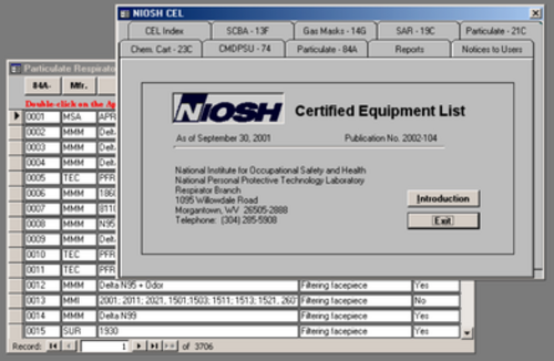NIOSH CELプログラムの初期画面のスクリーンショット。呼吸器のスケジュールと、TC-84A呼吸器が開いたウィンドウが表示されている。