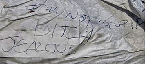 しわくちゃの白い紙に、ボールペンで「私はバカじゃないよ、嫉妬してる」と走り書きされている