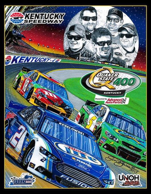 2013 年の Quaker State 400 プログラムの表紙。サム・バスによるアートワーク付き。この絵画は「ケンタッキー・ムーンライト」と呼ばれています。