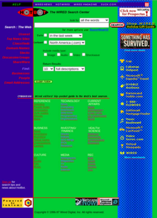 1997年当時のHotBot検索エンジンのスクリーンショット。ディレクトリカテゴリと、鮮やかな青と緑のページ背景が特徴的。