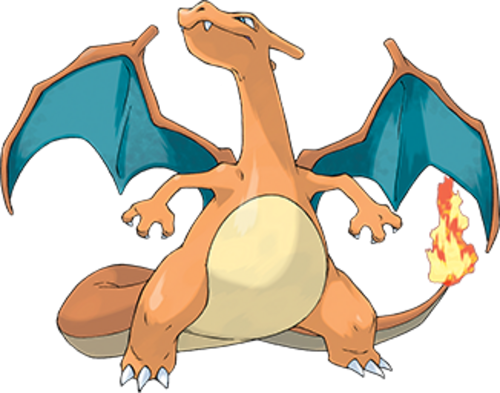 クリーム色と白色の下腹部を持つ、二足歩行のオレンジ色のドラゴンのようなポケモンが、見る人の方を向いて立っています。翼の膜は青緑色で、尾の先には小さな炎があります。頭は左を向いており、空を見上げています。