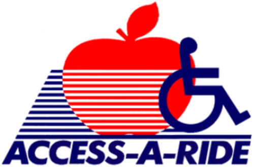 Access-A-Ride のロゴは、赤いリンゴ、青い車椅子アクセス アイコン、青い文字「Access-A-Ride」で構成されています。