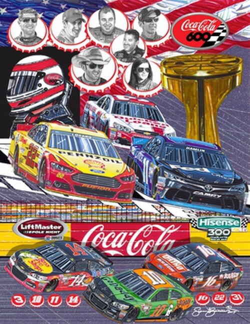 2015 年コカ・コーラ 600 プログラムの表紙。コカ・コーラ レーシング ファミリーをフィーチャーしています。サム バスによる作品です。この絵は「トップ スターズ!」と呼ばれています。