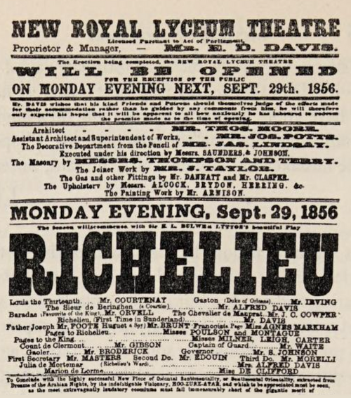 1856年9月29日に開場した新しいロイヤル・ライセウム劇場と、ヘンリー・アーヴィングが出演する新作『リシュリュー』の公演を宣伝するポスター。