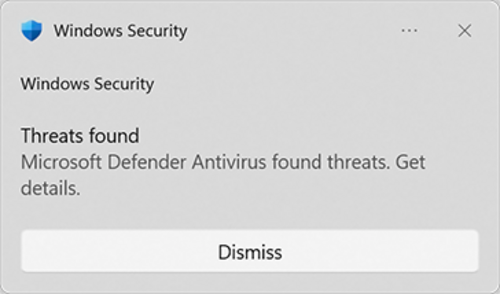 Windows 8のWindows Defender通知トーストのスクリーンショット。検出されたマルウェアを駆除するためのアクションを実行中であることを報告している。