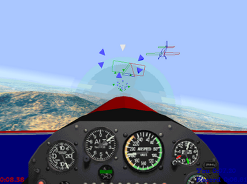 シミュレーションされた飛行機のコックピットの一人称視点。ダイヤルとゲージが画像の下半分を占めています。地面と青空が遠くまで広がり、下には丘が見えます。前方の空には幾何学的な形状のリングとワイヤーフレームの飛行機モデルがあります。