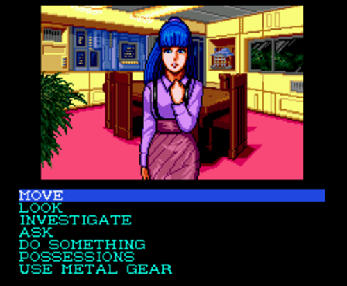 ゲームのスクリーンショット。画面の上半分には、部屋の中に立ってプレイヤーを見ている少女の画像があります。彼女は青い髪とピンクの服を着ています。画面の下半分には、「移動する」、「見る」、「調べる」、「尋ねる」などのオプションを含むプレイヤーのオプションがあります。