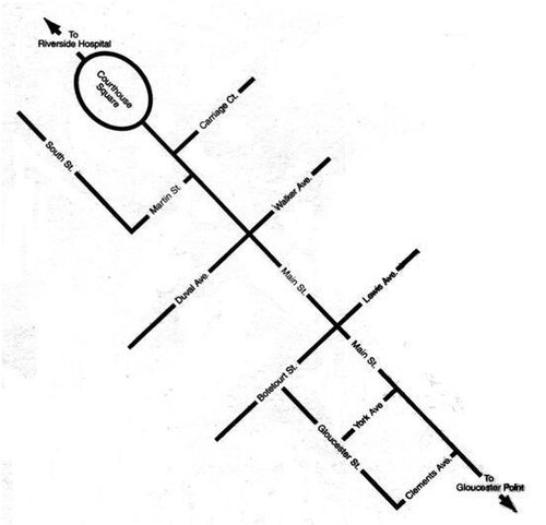 グロスター市街地の概略図（北西から南東方向）。