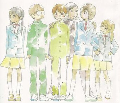 制服を着て並んで立っている中学生6人のグループ。左から、トランスジェンダーの女子3人、男子制服を着ているジェンダーに違和感を持つ女子1人、トランスジェンダーの男子、シスジェンダーの女子1人。