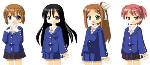 プロトタイプのアート スタイルで描かれた 4 人のメイン キャラクター。アートは明らかに洗練されておらず、古いビジュアル ノベルに似ています。