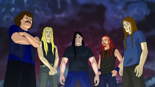 Dethklok のメンバー。左から右へ: William Murderface、Skwisgaar Skwigelf、Nathan Explosion、Pickles、Toki Wartooth。