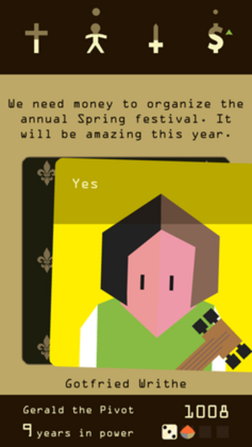ギターを持った農民を描いたカードのスクリーンショット。カードは右に移動されています。カードの上には、教会、人々、軍隊、富を表す 4 つの紋章があります。