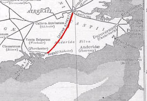 南中部から北西にかけて赤い線が引かれたイングランド南東部の地図