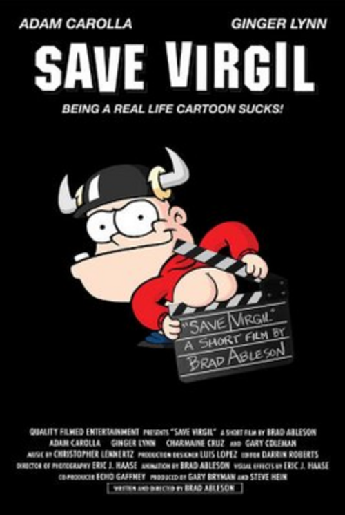 角の付いたヘルメットをかぶった歯並びの悪い漫画のキャラクターが、カチンコの間に裸のお尻を突っ込み、いたずらっぽく視聴者を見ています。タイトルとキャッチフレーズ「現実の漫画は最悪だ!」が彼の上に書かれています。