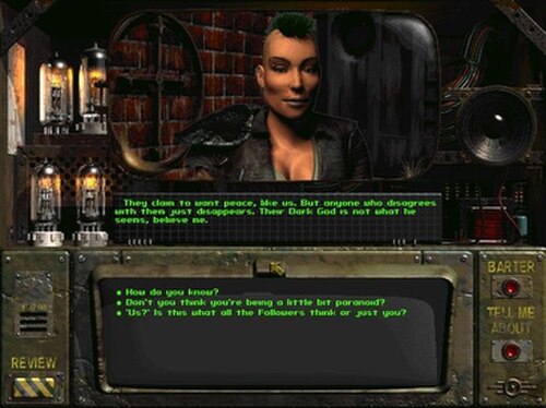 スクリーンショットの中央部分には 3 つのボックスがあります。上のボックスには NPC の頭と肩が含まれ、中央のボックスには NPC のセリフが含まれ、下のボックスにはプレイヤーのセリフの選択肢が含まれます。