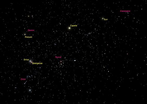 オリオン座を中心とした夜空のシミュレーション画像。星座名は赤で、星の名前は黄色で表示されています。ベテルギウスに非常に近いシリウスやカシオペア座に近い太陽も含まれています。