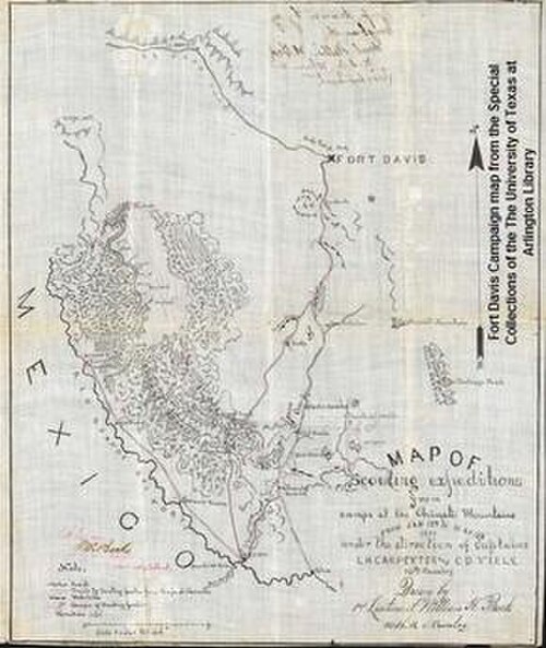 フォート・デイビス作戦地図 1880年のビクトリオと彼のチリカワ・アパッチ族に対する作戦で使用された手描きの軍事地図。テキサス大学アーリントン校図書館特別コレクション所蔵。