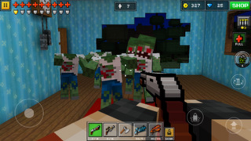 Pixel Gun 3D のゲームプレイ スクリーンショット。プレイヤーはショットガンでゾンビの大群と戦っています。