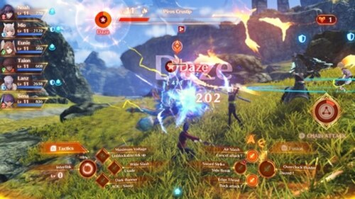 Xenoblade Chronicles 3 での戦闘。上の写真は、ゲーム世界全体に広がる敵対的な野生動物の 1 つと戦うパーティを示しています。
