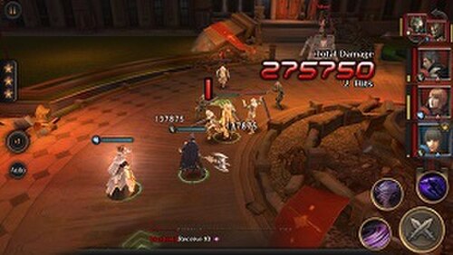 キャラクターのパーティーがアリーナのような環境で敵と戦います。敵の体力、ダメージ カウンター、特殊能力を発動するためのアイコンが表示されます。