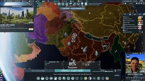 さまざまな色で強調表示された国々のアジアの写真が表示されます。UI の左上には「エイリアン動物」が存在し、右下には人物が表示されます。