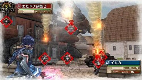 プレイヤーがターン中にキャラクターを選択している間のゲームプレイ画面。操作キャラクターは「タンク」キャラクターで、特殊な複数ユニットへの照準能力が発動している。