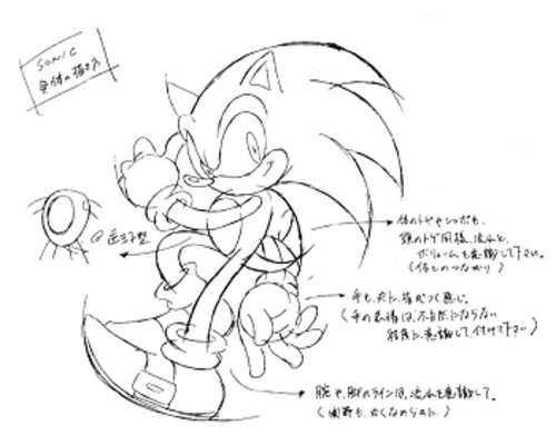 上川裕司氏のコンセプト アート。ソニックの再デザインを紹介しています。手書きのメモには、再デザインの要素の一部が紹介されています。
