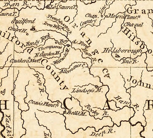 1781年の地図には、ヒルズボロとギルフォード・コートハウスの間、そしてホー川の地域が描かれている。