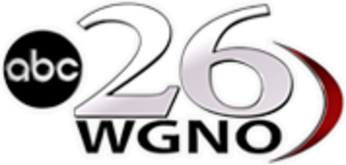 ABC のロゴの横に、引き伸ばされたセリフ体 26 があり、その下に WGNO の文字、右側に赤いスウッシュがあります。